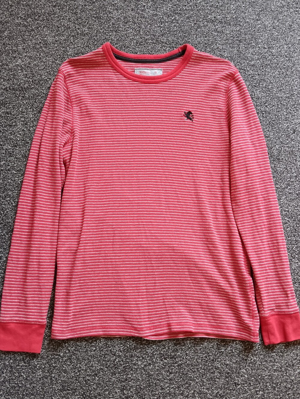 Gray Red Striped Waffle Knit Long Sleeve Mens Thermal Shirt, Express Size Large
